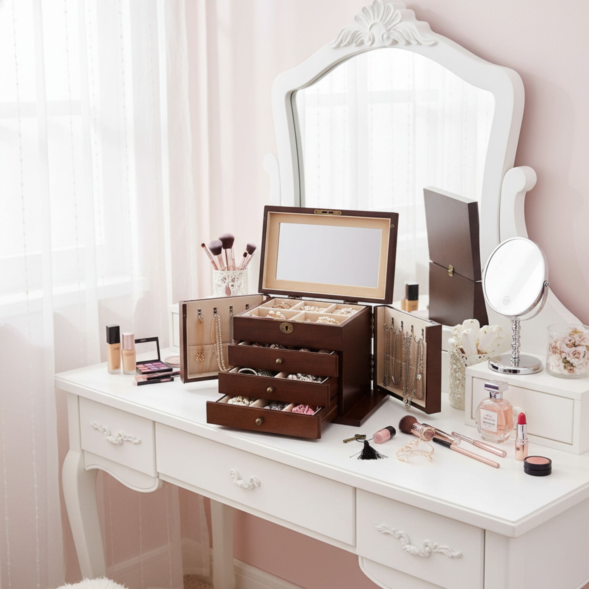Dressing table with jewellery box, makeup, and mirror on a white desk.