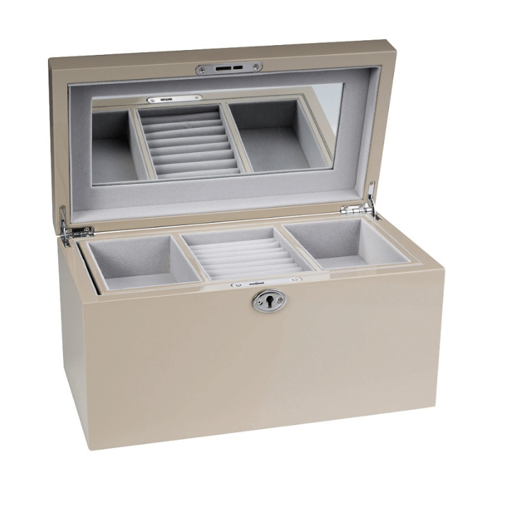 Large beige Kandi Jewellery Box open on white background, showcasing velour-lined interior with compartments and a mirror.