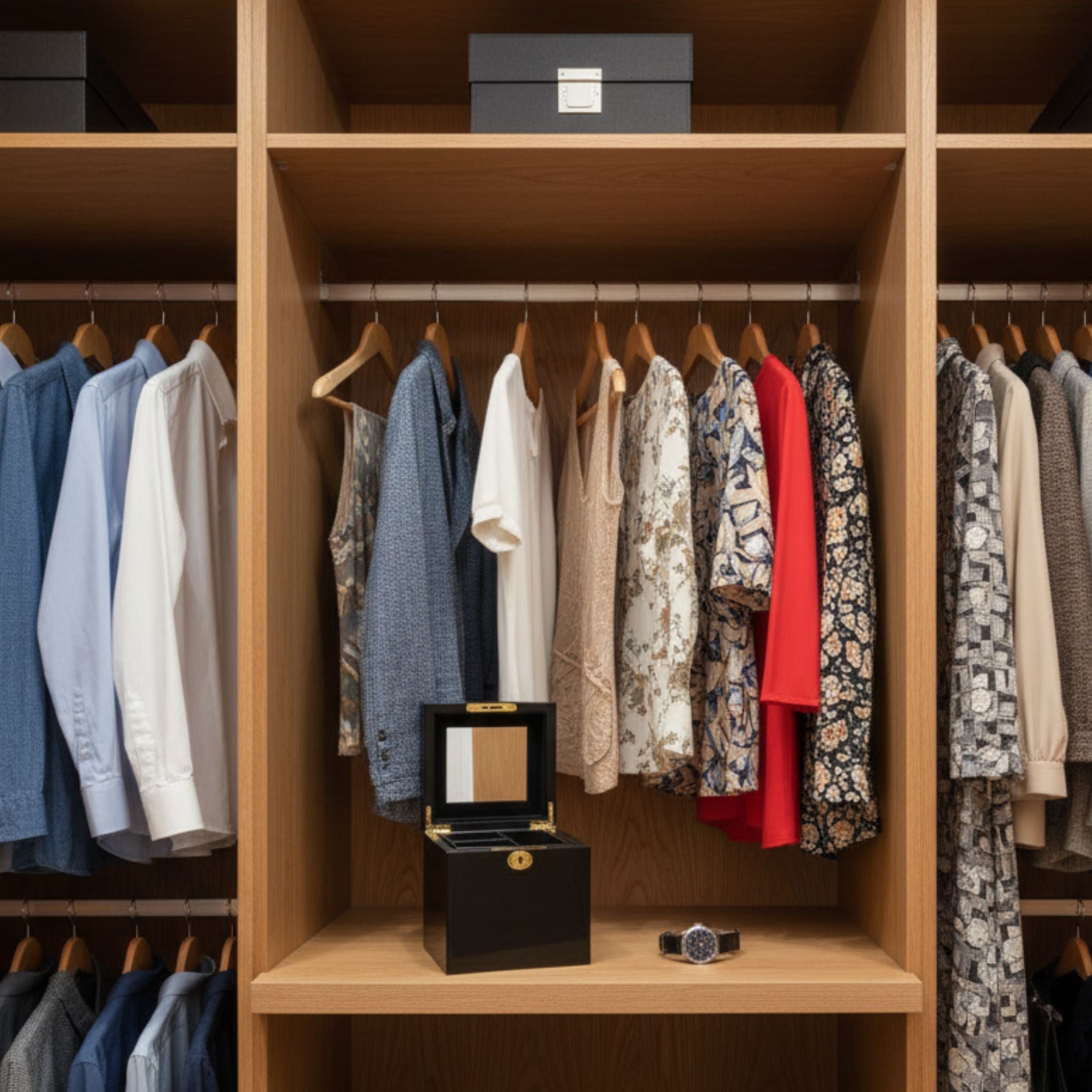 Wooden wardrobe with clothes on hangers and a black jewellery box on a shelf.