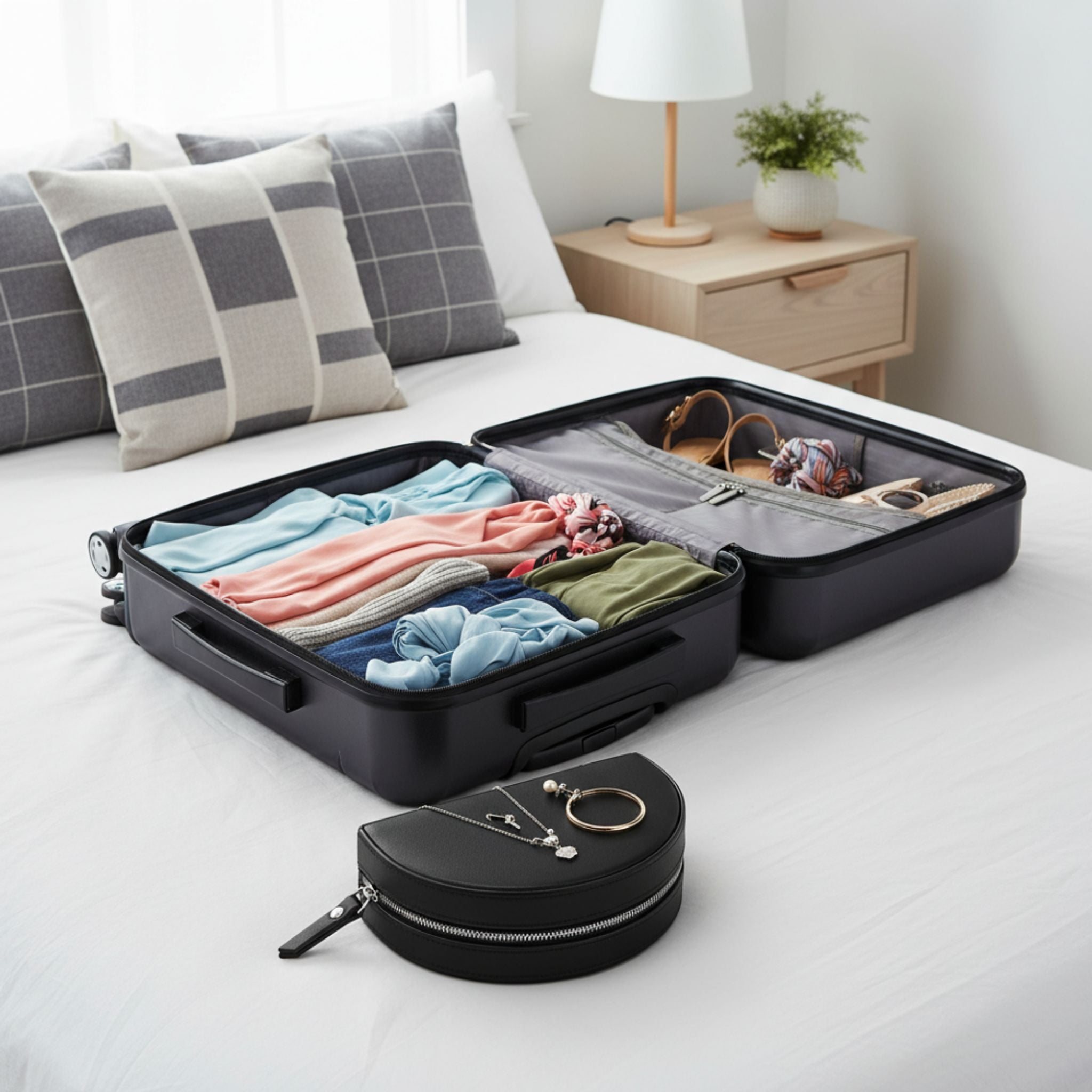 Black suitcase with packed clothes and a jewellery travel pouch on a bed