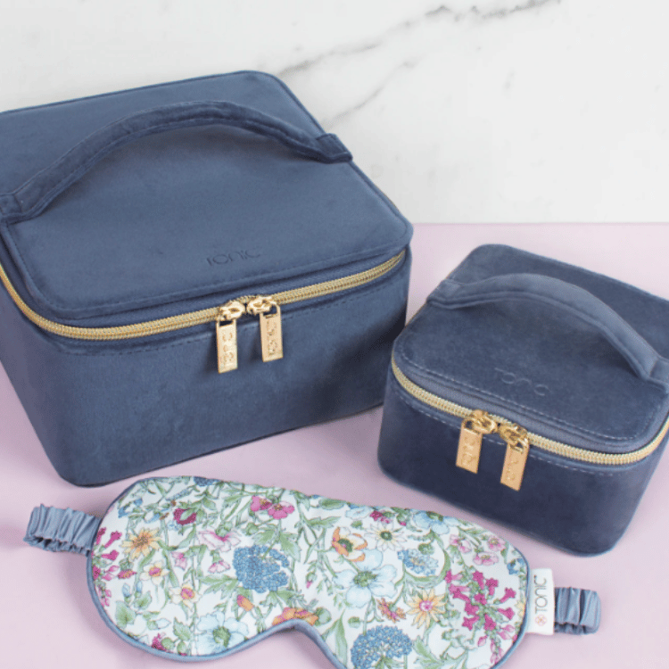 Blue velvet jewellery box elegantly placed on a dressing table with other products, perfect for stylish jewellery storage.