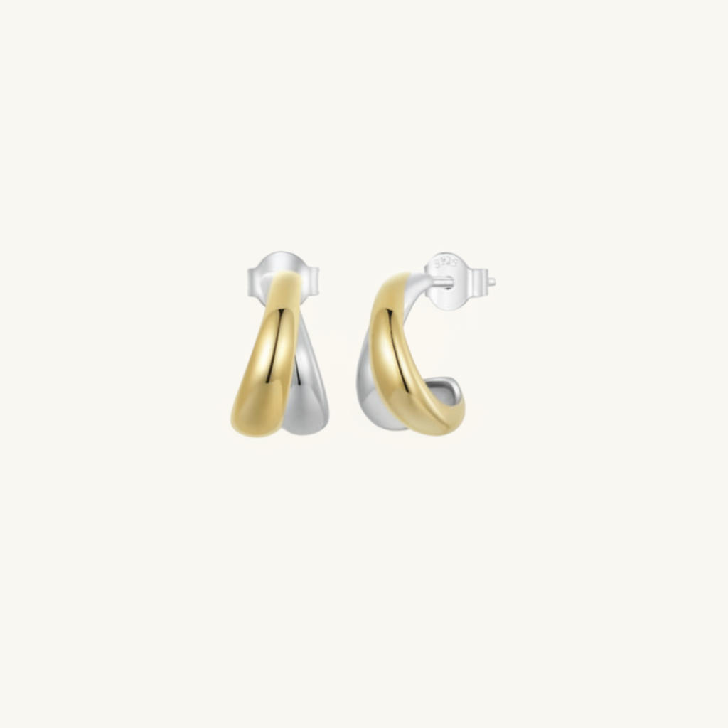 Pair of gold and silver earrings on a white background