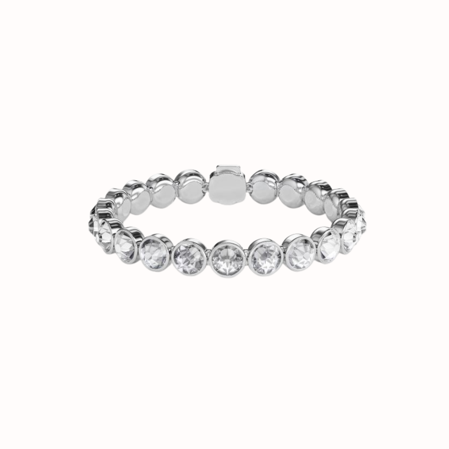Silver bracelet with clear crystals on a white background