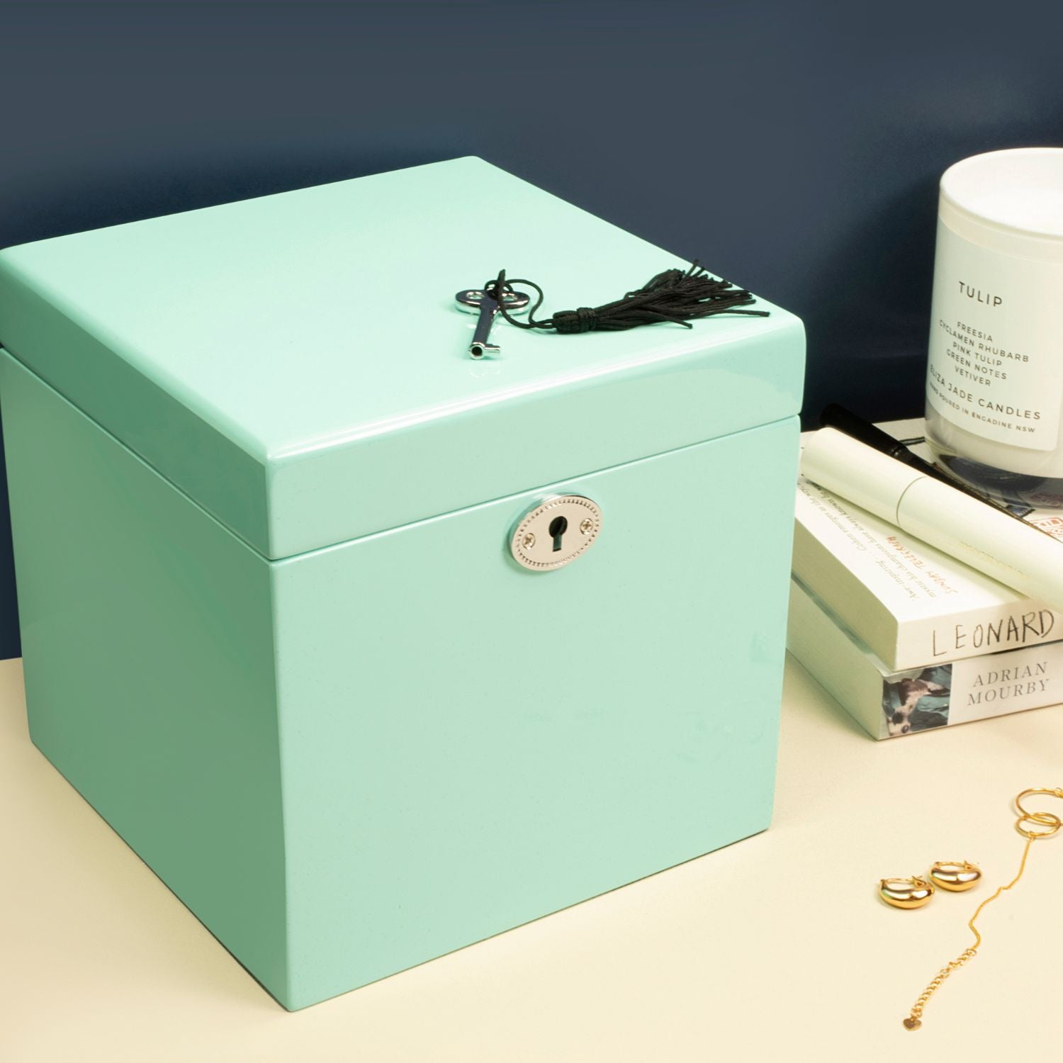 Closed Kandi Cube Jewellery Box in a lifestyle setting, showcasing its elegant design and smooth finish.