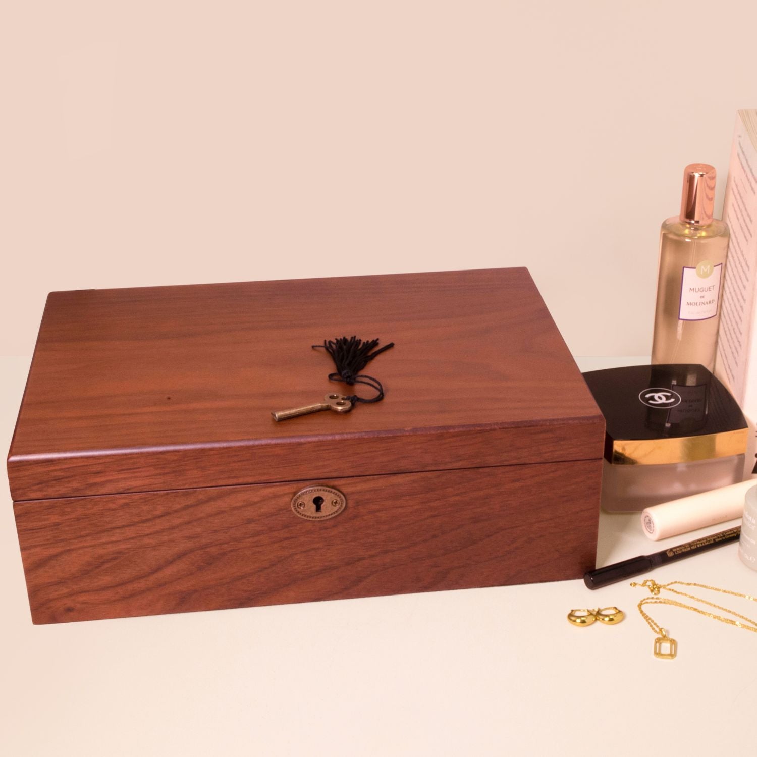 Closed walnut matt finish jewellery box with sleek design and smooth wood grain texture