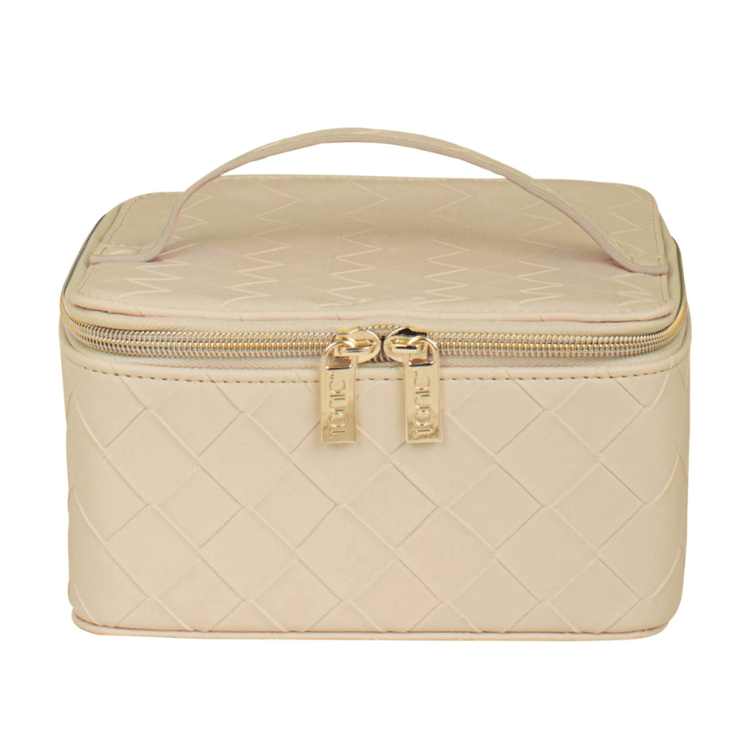 Cream woven patterned jewellery case on a white background, a stylish and compact storage solution