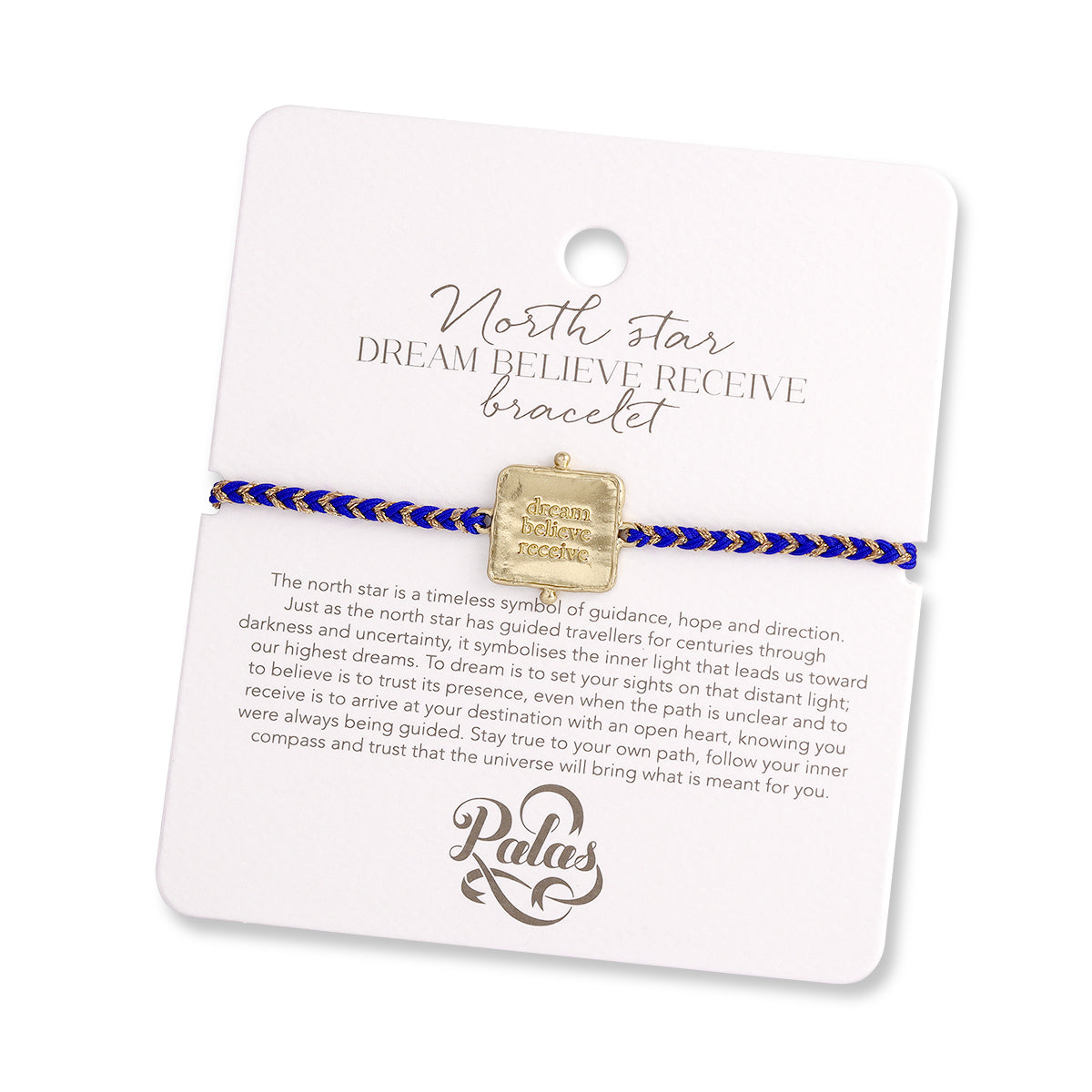Bracelet on a Palas branded card with text and design elements.