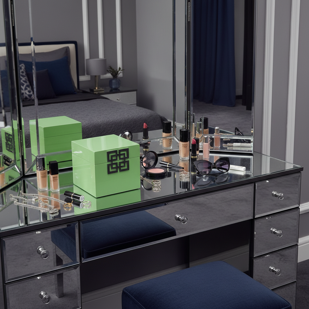 Makeup vanity with green jewellery box and various items on a reflective surface.