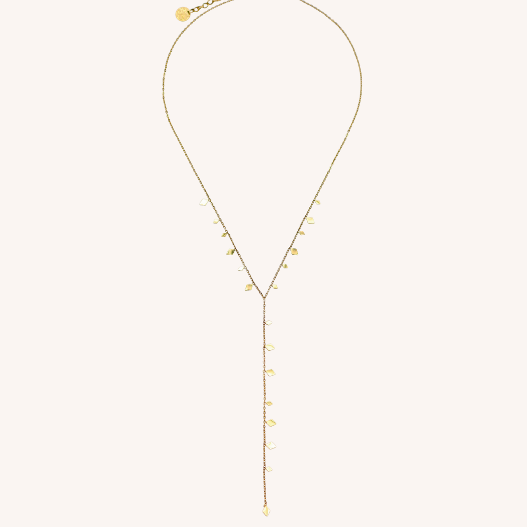 Full shot of lariat necklace on white background