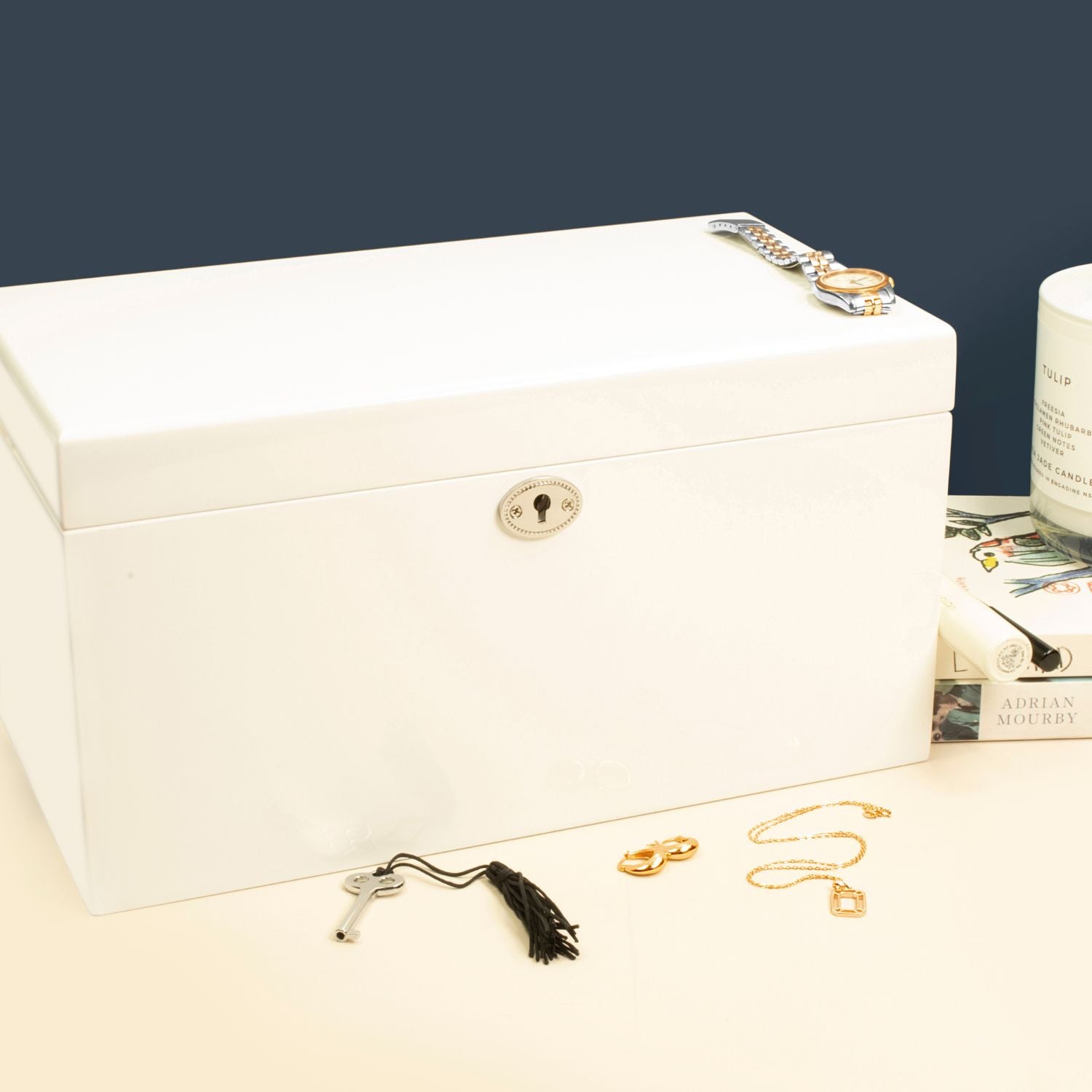 Lifestyle image of large white Kandi Jewellery Box closed, showcasing its sleek design and elegant finish