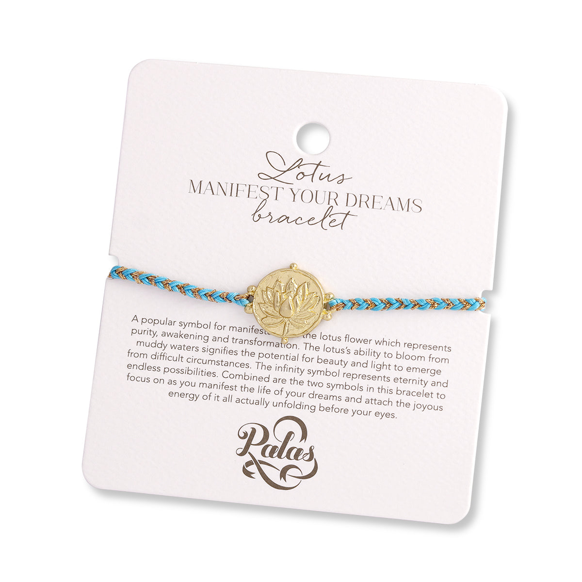 Lotus bracelet on a Palaes branded card with text about the symbol