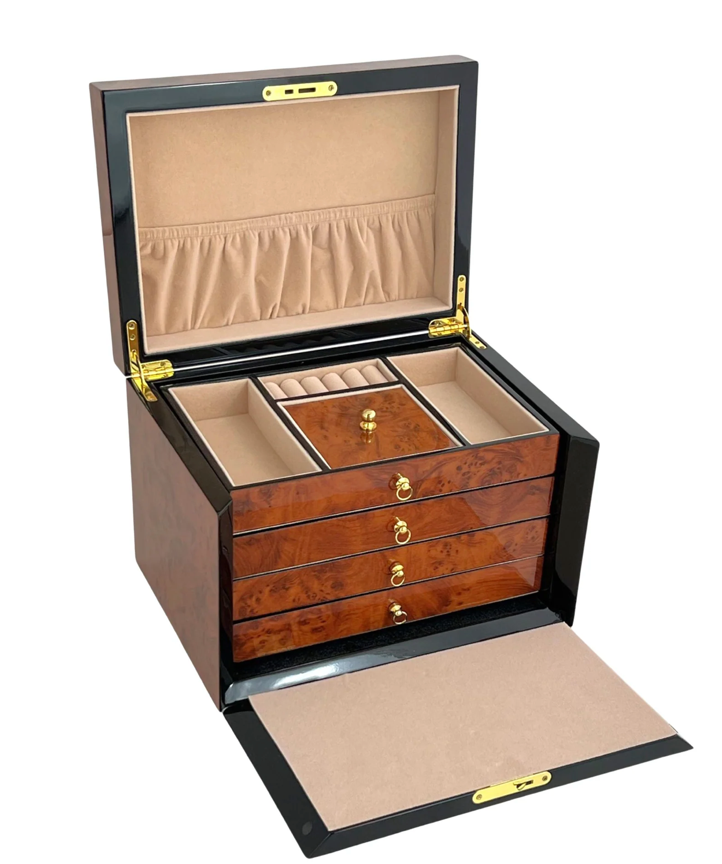 Maple Burl Wooden jewellery box with open lid showing interior compartments on a white background
