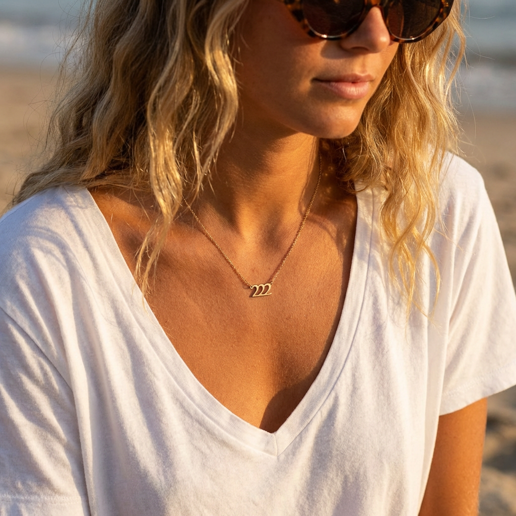 Woman wearing a white shirt and gold necklace on a beach