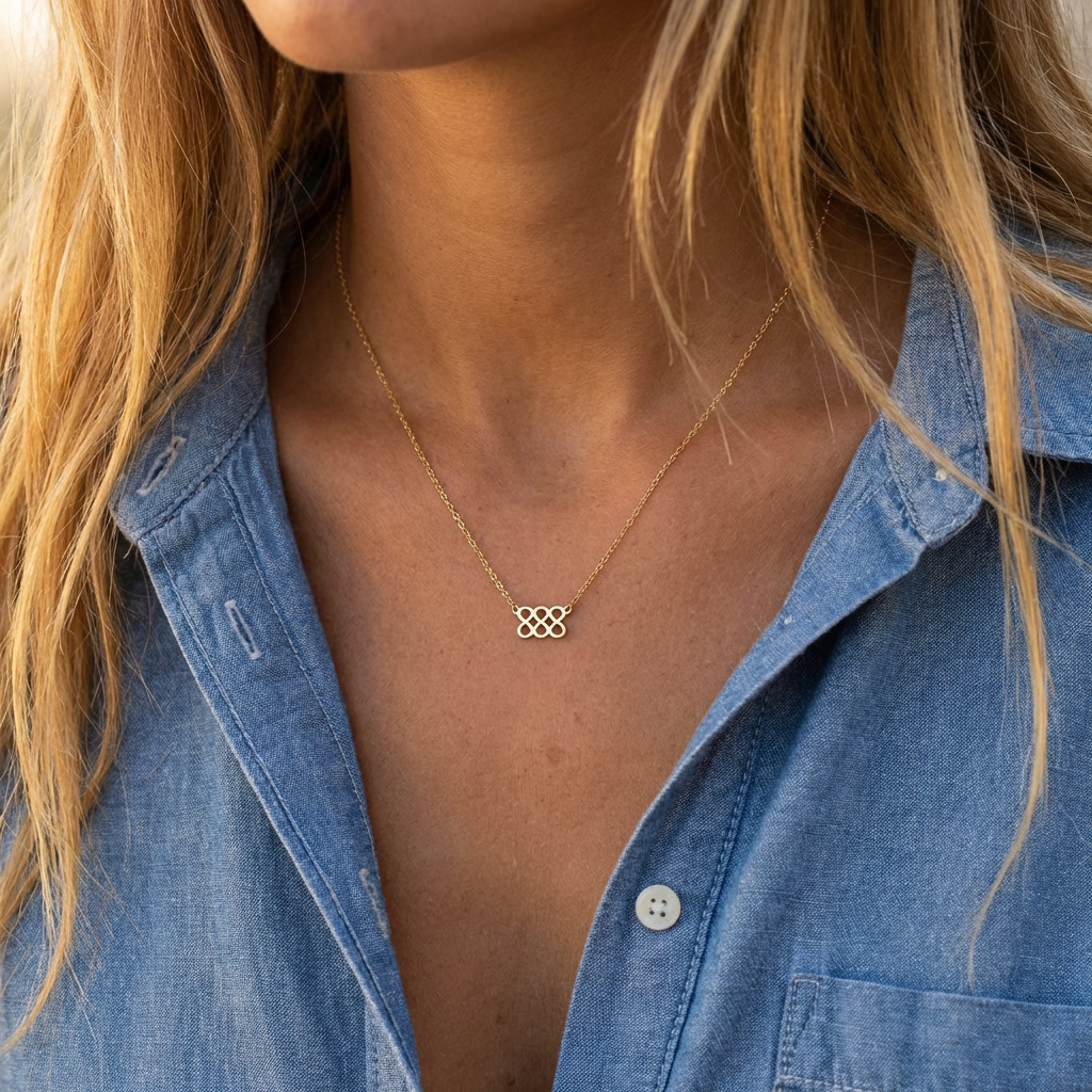 Person wearing a gold necklace with a triple 8 angel number design, wearing a blue denim shirt.