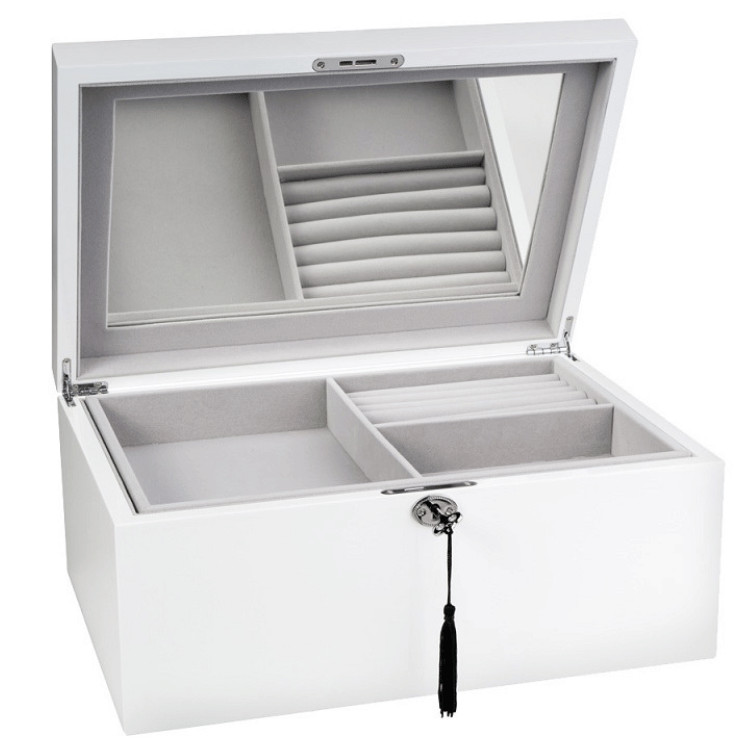 Elegant multi-compartment jewellery box in white, featuring multiple storage sections for rings, necklaces, and accessories, displayed on a white background.
