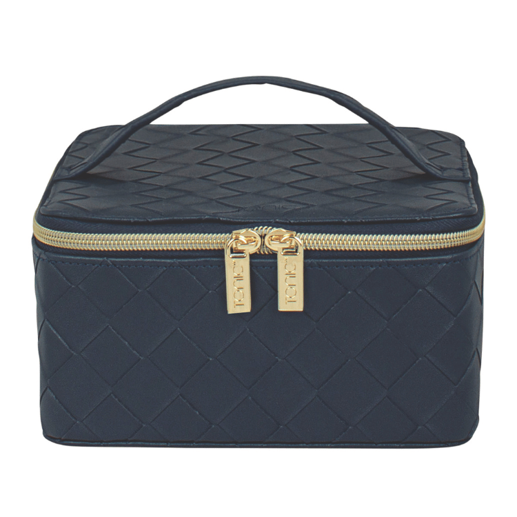 Navy woven patterned jewellery case on a white background, stylish and compact storage solution