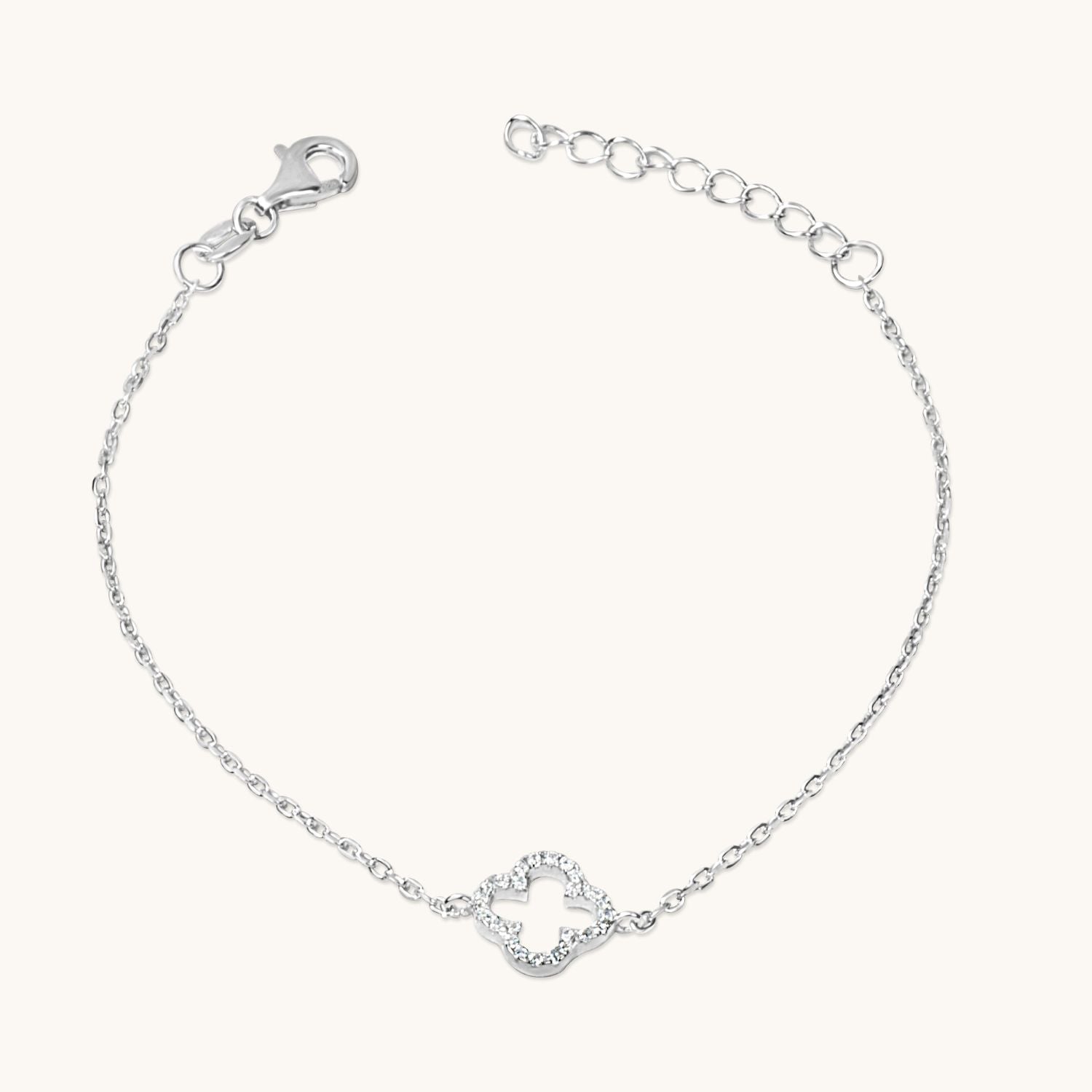 Sterling silver four-leaf clover bracelet design symbolizing luck, offering a sleek and elegant touch. A versatile piece for any jewellery collection