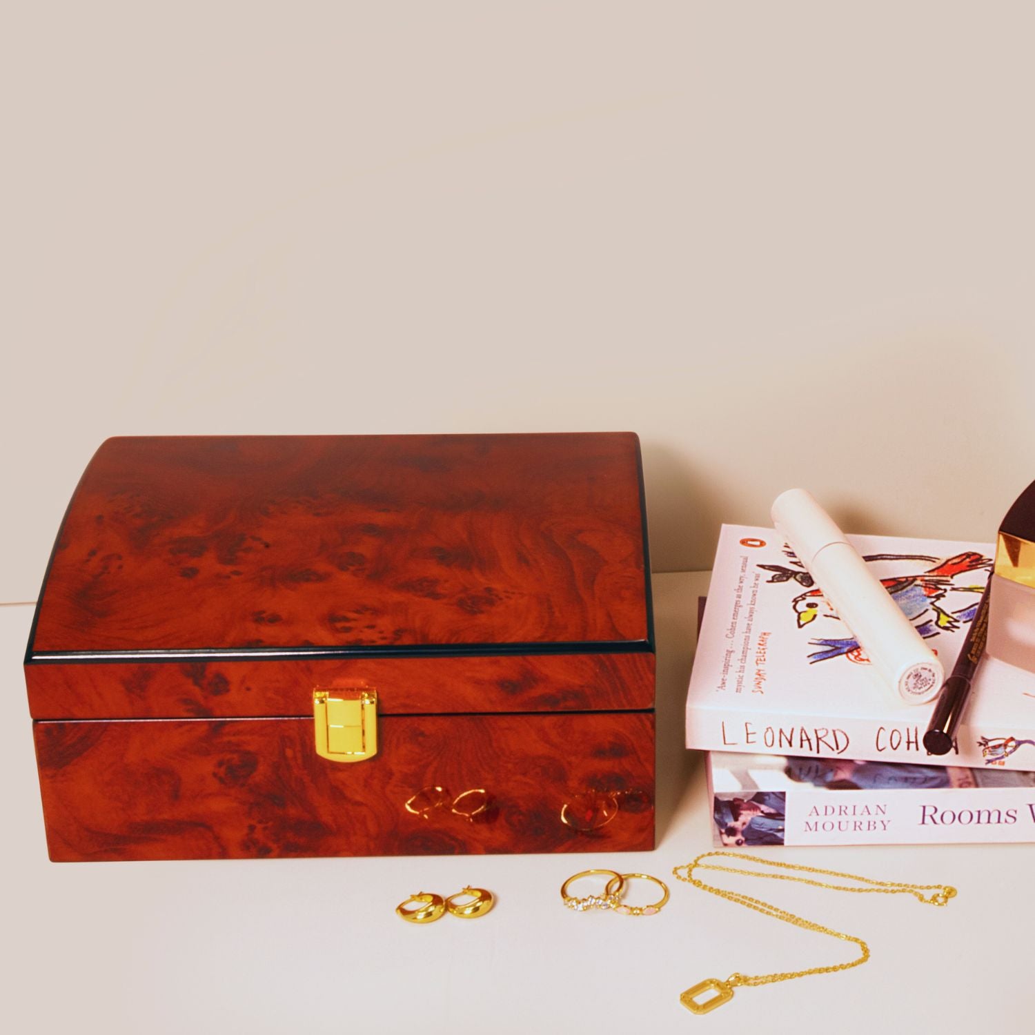 Closed wood finish jewellery box with a glossy, polished exterior, reflecting light for an elegant and stylish look