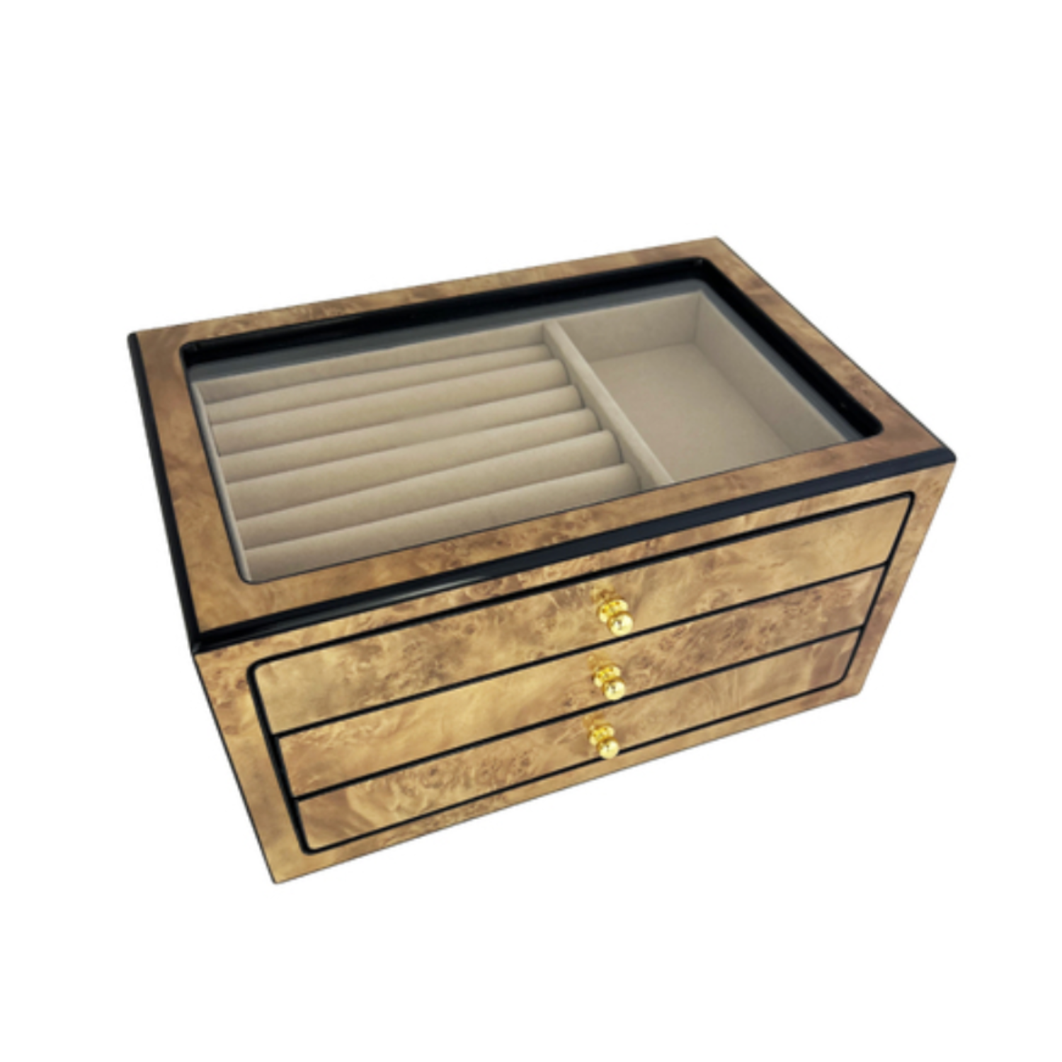 Wooden jewelry box with 3 drawer on a white background