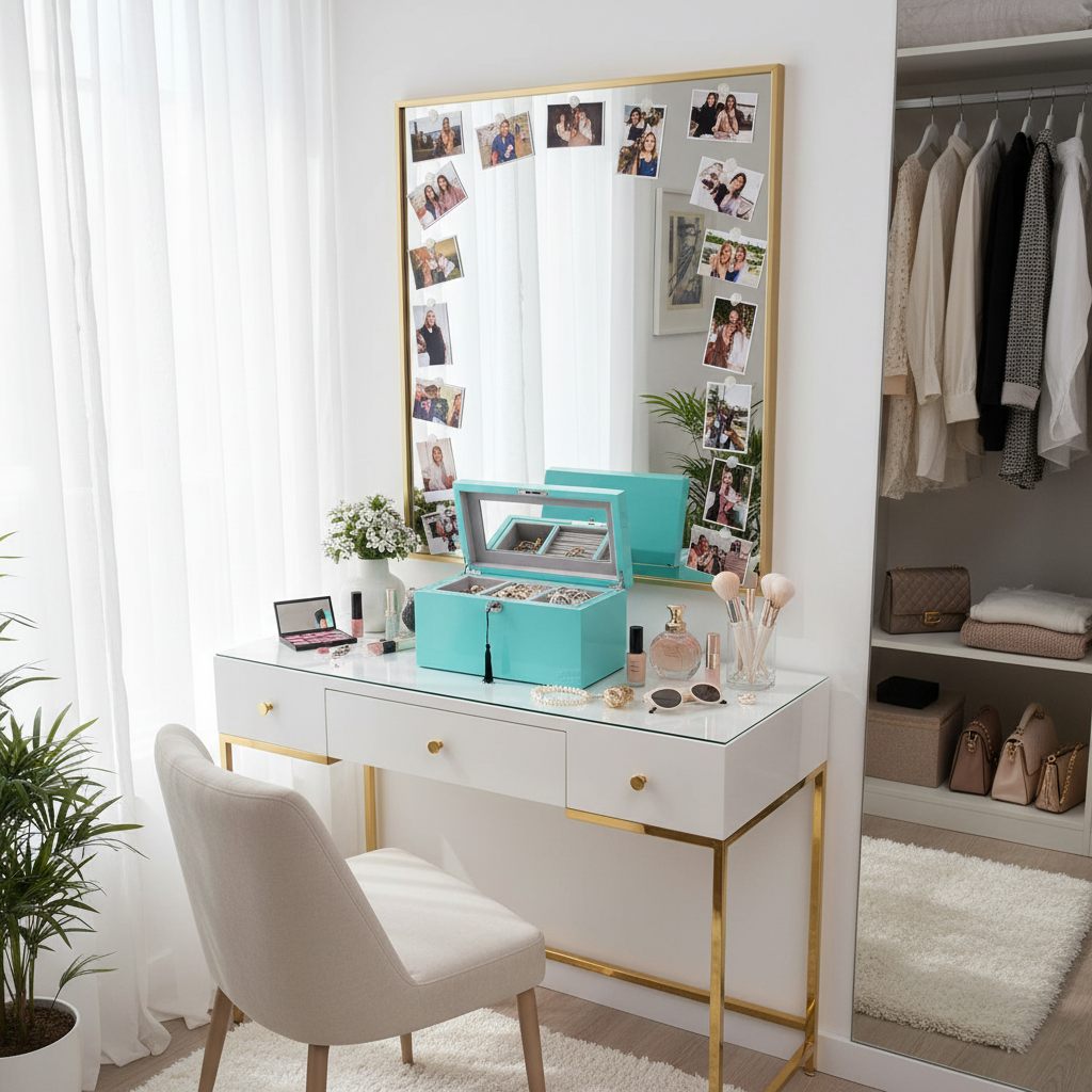 Makeup station with a white desk holding a jewellery box, chair, and mirror with photo frames in a room.