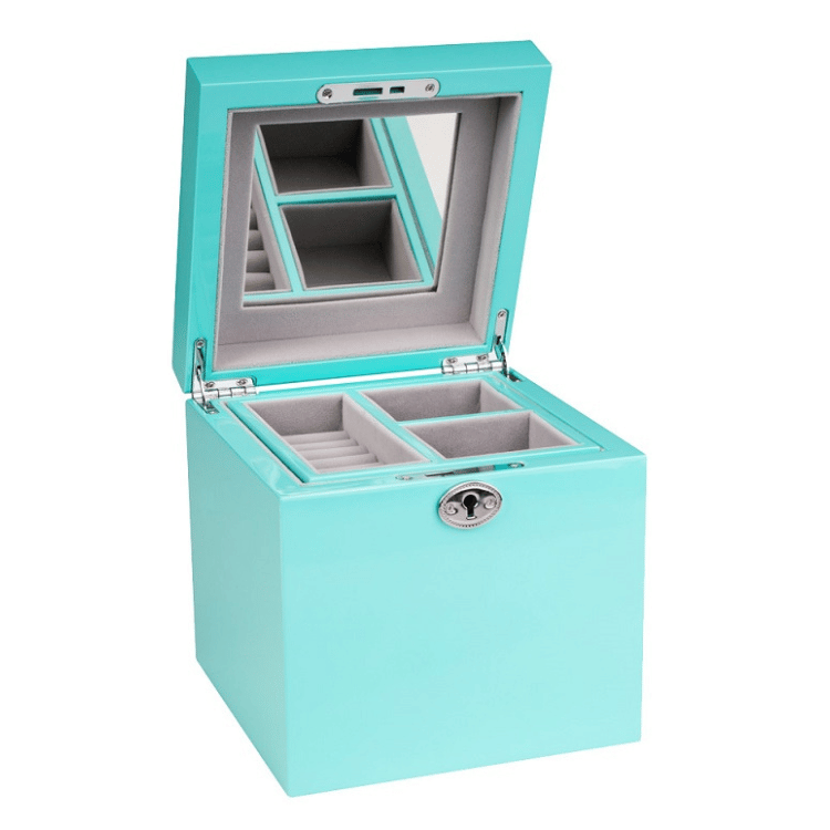 Kandi Cube Jewellery Box in Tiffany blue, featuring a sleek design and compact storage for jewellery