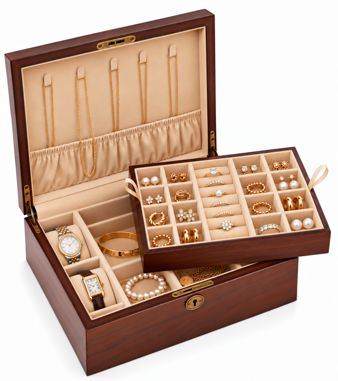 An open wooden jewelry box with a hinged lid, shown on a white background. The box contains multiple compartments holding rings, earrings, pearl strands, bracelets, and necklaces, with a watch and bangle placed inside.
