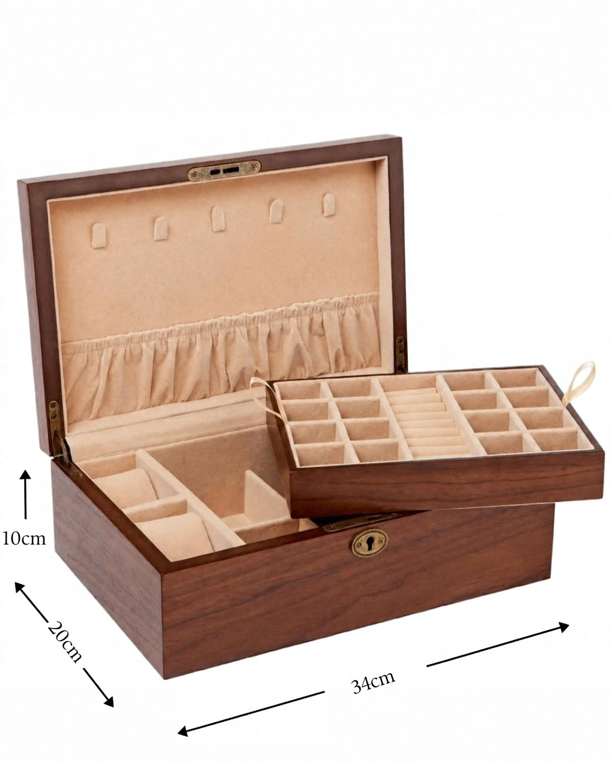 A wooden jewelry organizer box with an open lid, beige velvet interior compartments, and a sliding tray, shown with dimension arrows and labels indicating 34cm width, 20cm depth, and 10cm height on a white background.