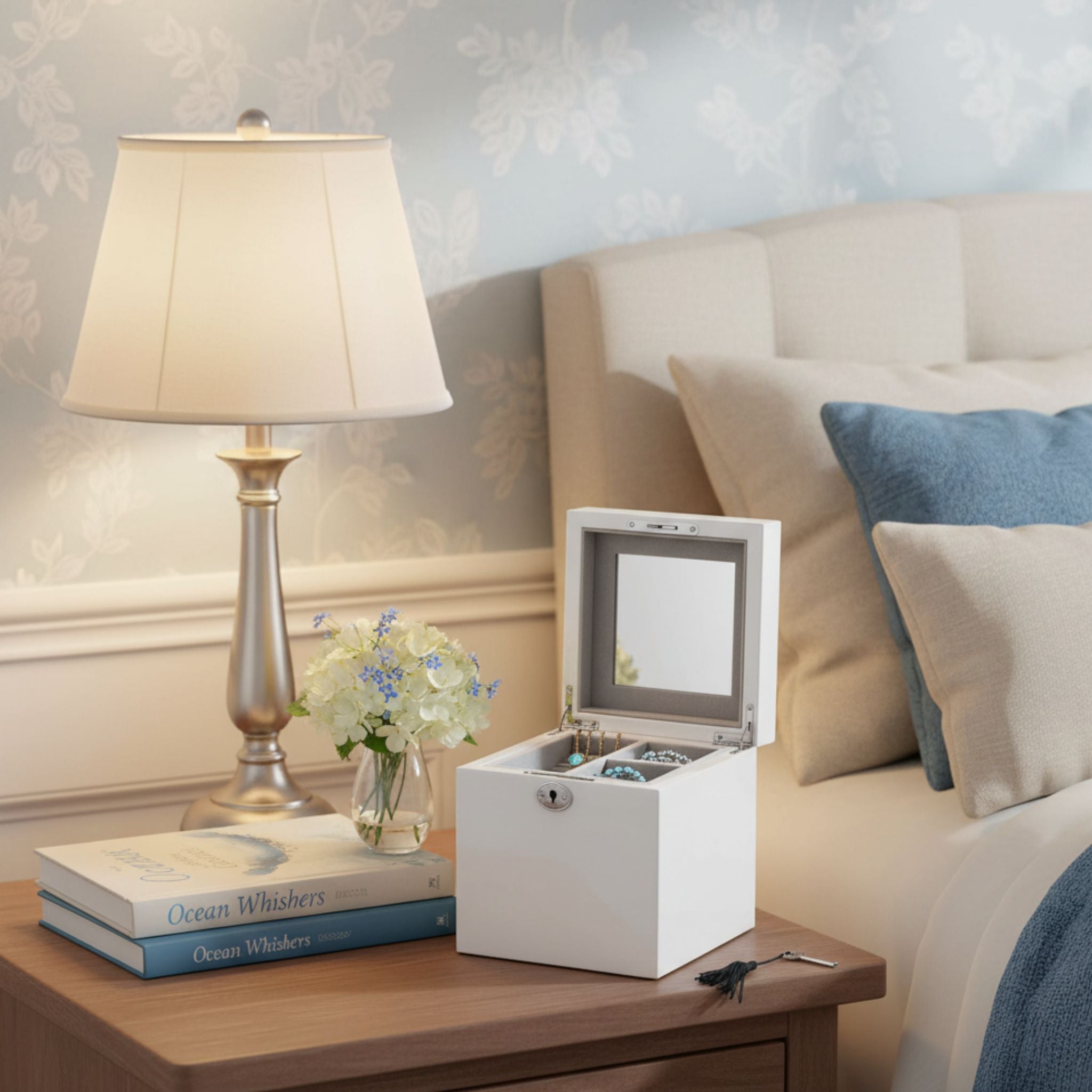 White jewelry box on a nightstand next to a lamp and books, with a bed in the background.