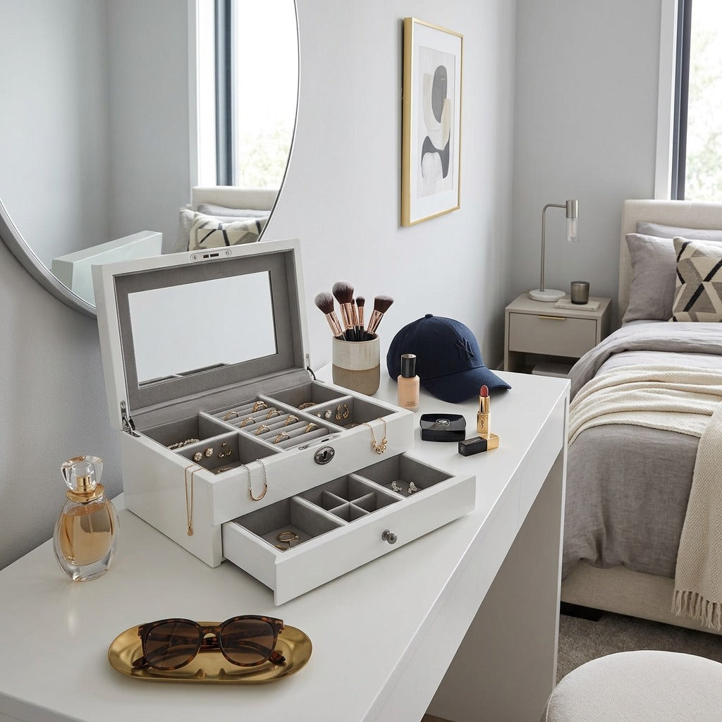 Jewelry box on a dresser with various items in a bedroom setting