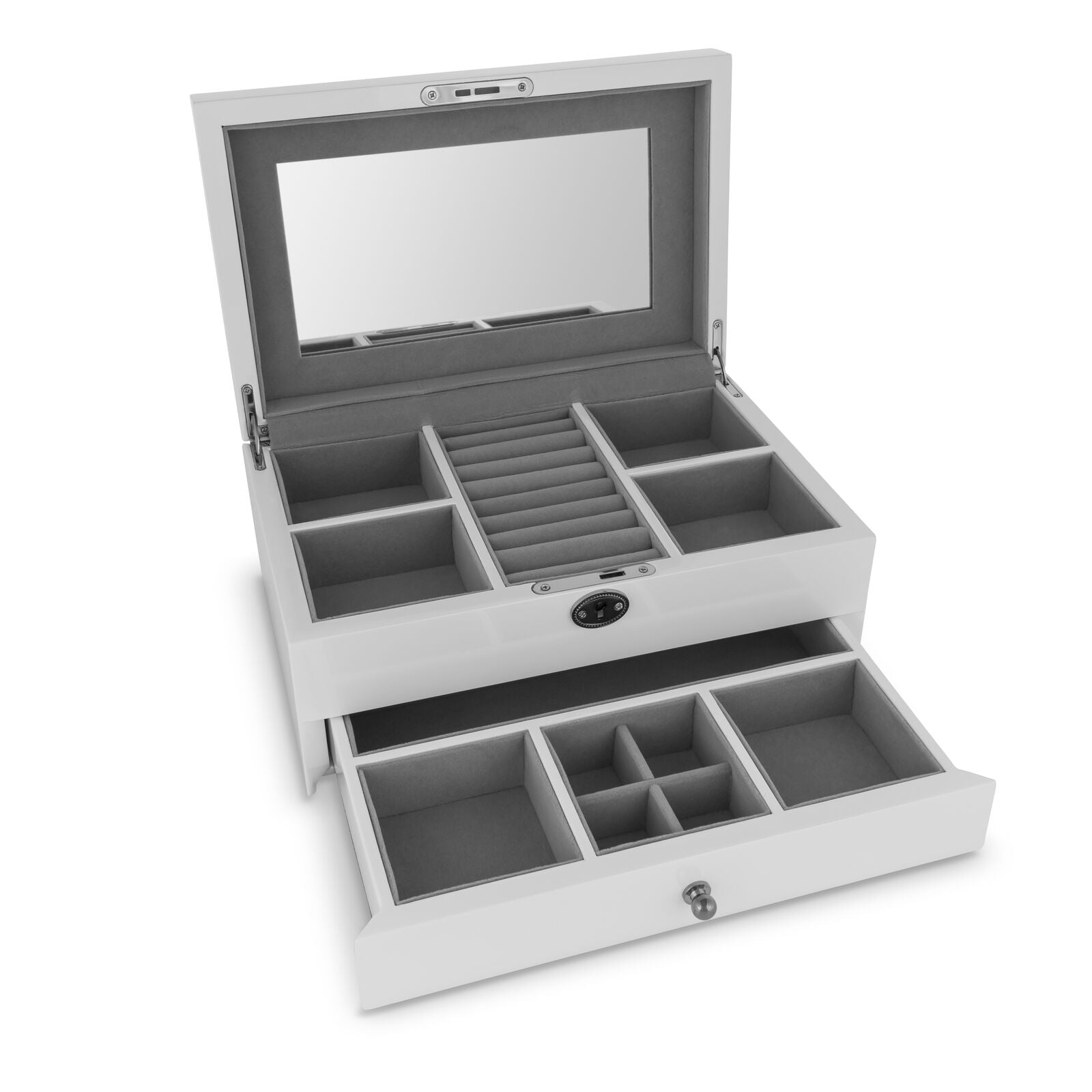 WHite jewelry box with multiple compartments on a white background