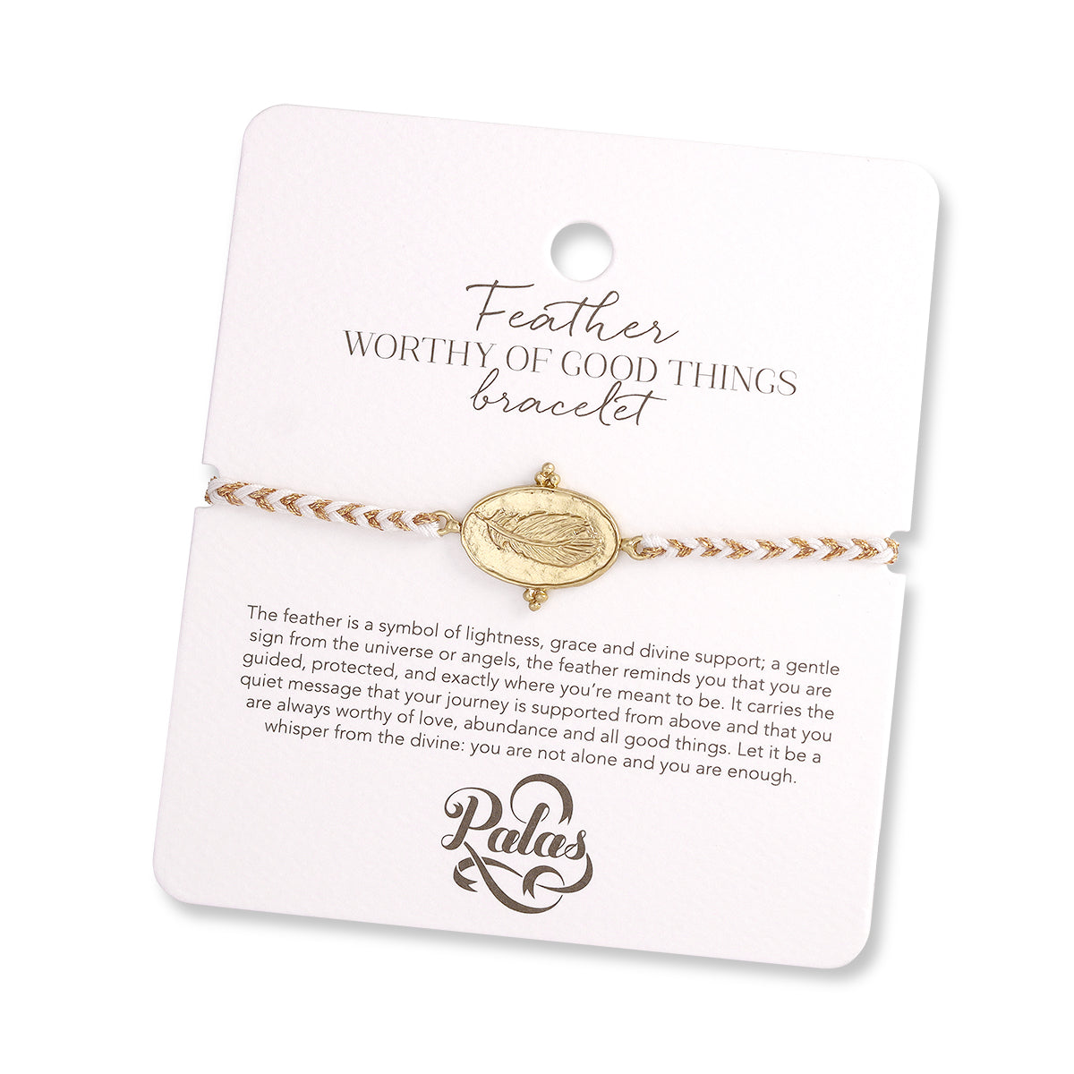Gold feather bracelet on a Palas branded card with text