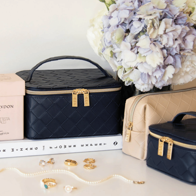 Navy woven patterned jewellery case elegantly placed on a dressing table, perfect for everyday jewellery storage