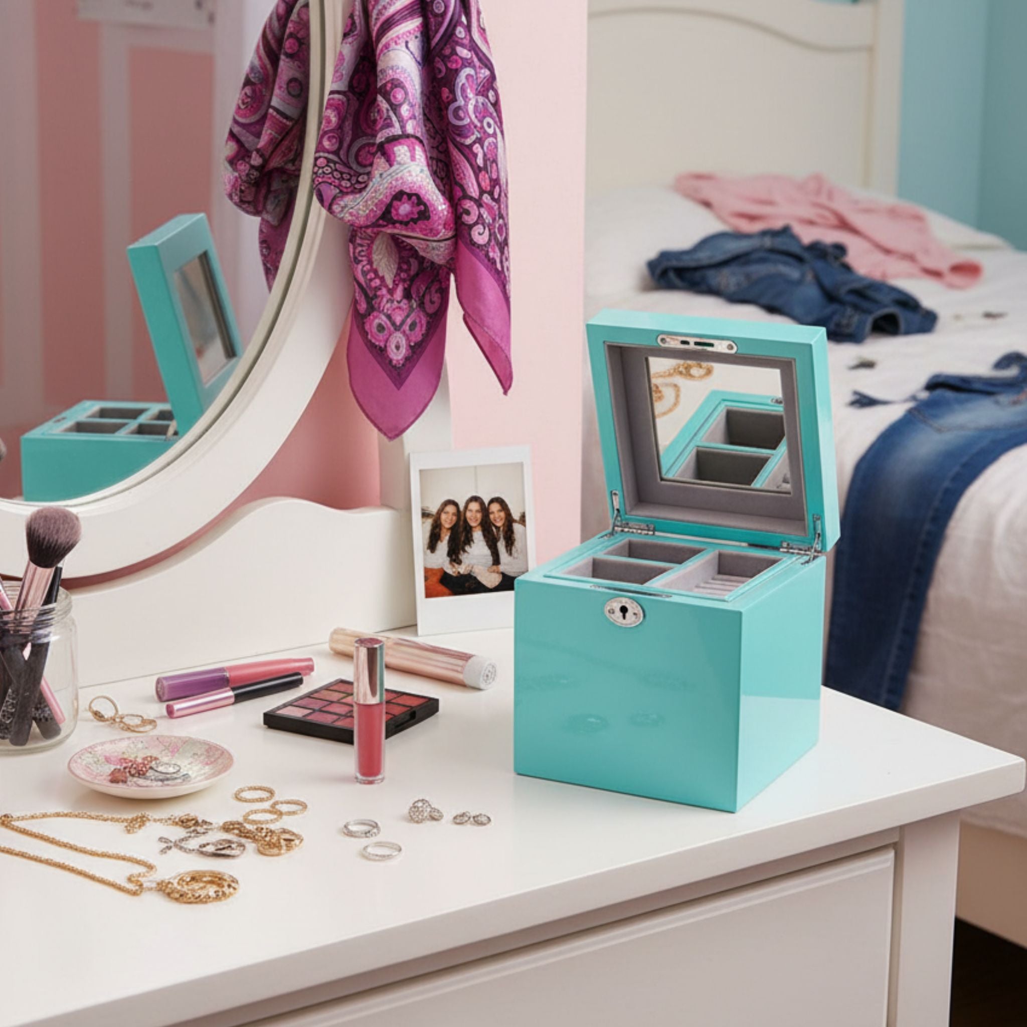Tiffany blue cube  jewellery box in teenage bedroom