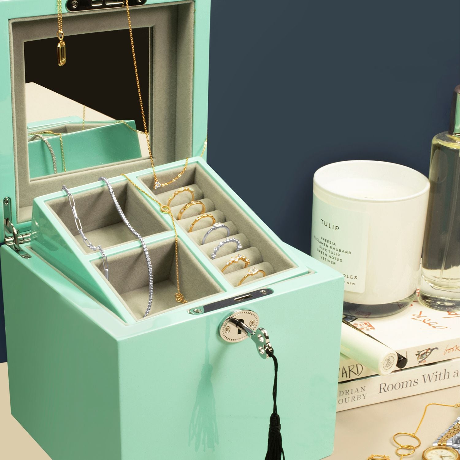 Open Kandi Cube Jewellery Box in a lifestyle setting, revealing organized compartments for jewellery storage.