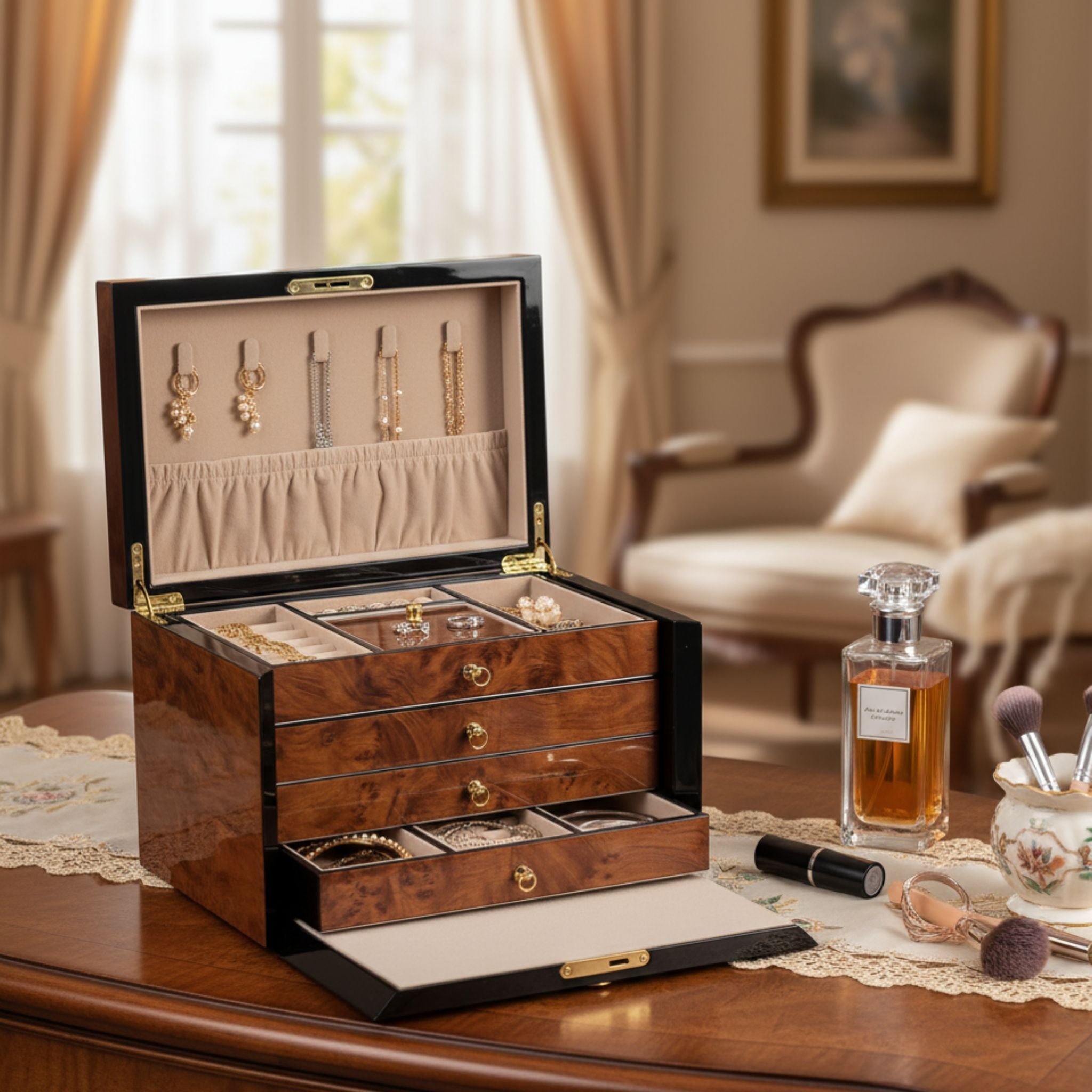 Wooden jewelry box with jewellery on a table in a room with a chair and window.