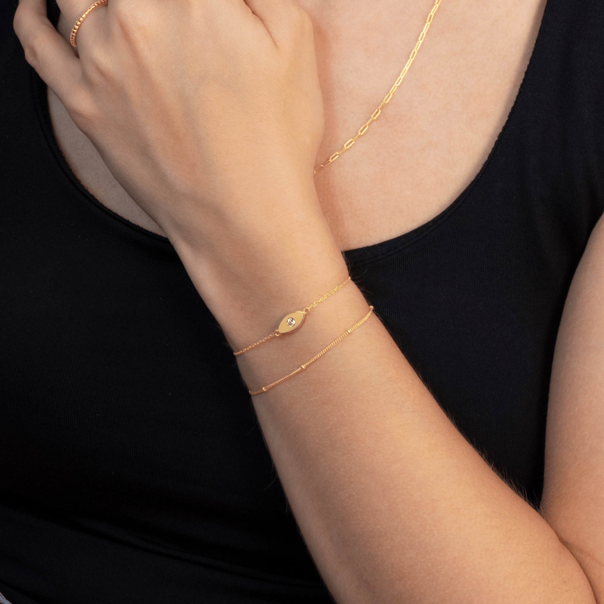 Gold Evil Eye Bracelet with Bolo Clasp