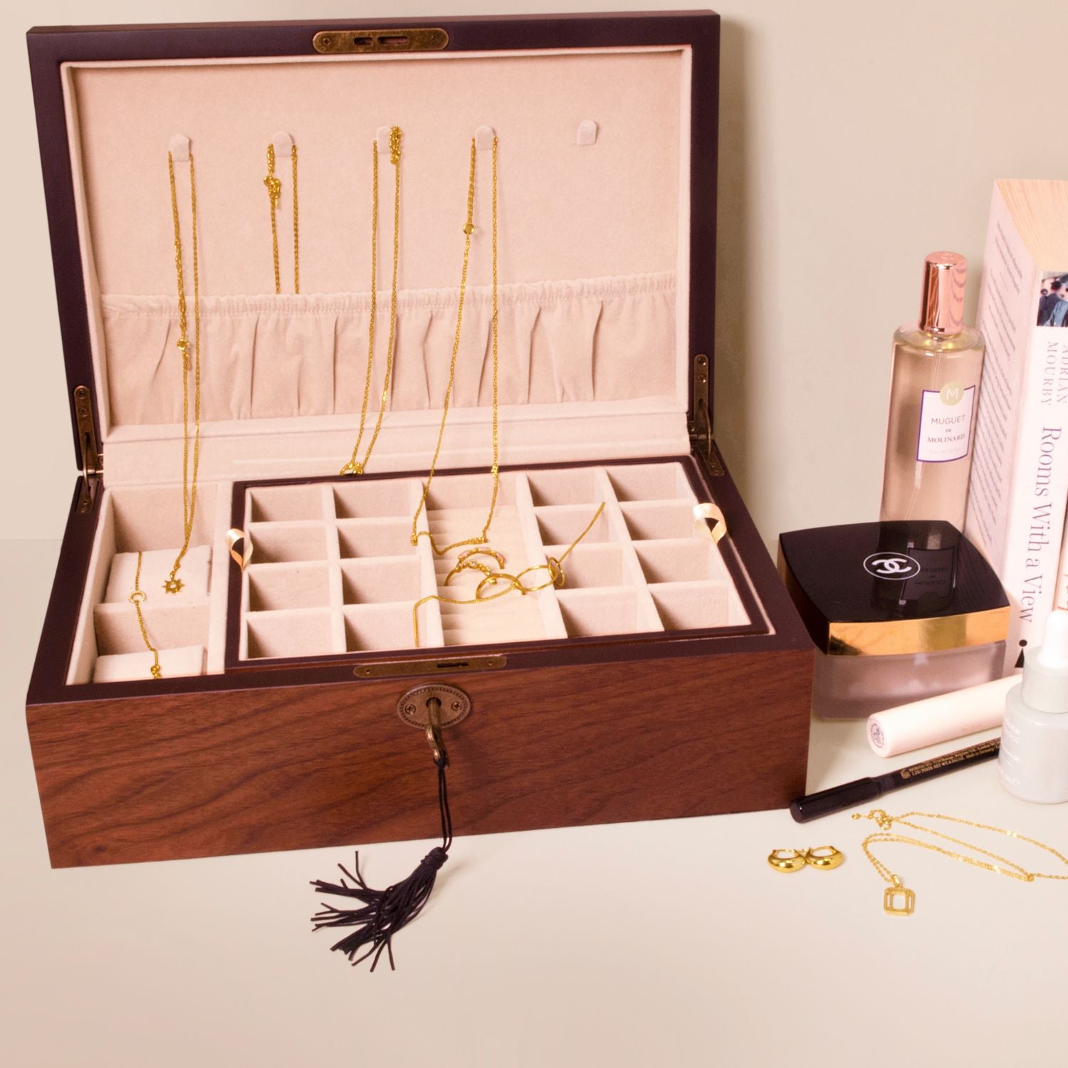 Walnut matt finish jewellery box open with jewellery inside, showcasing organized storage and elegant design