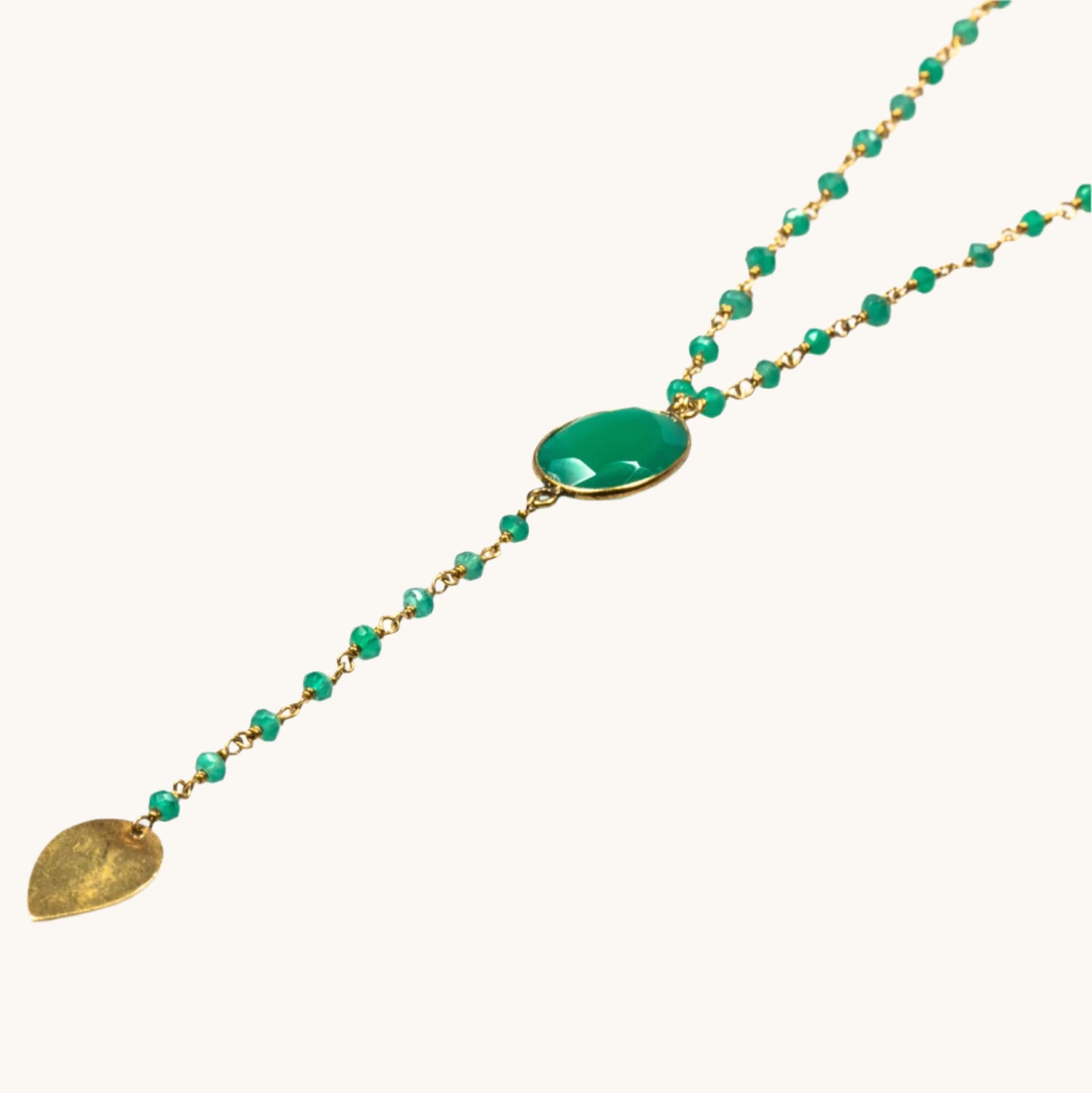 Gold plated long necklace with green semi-precious stones