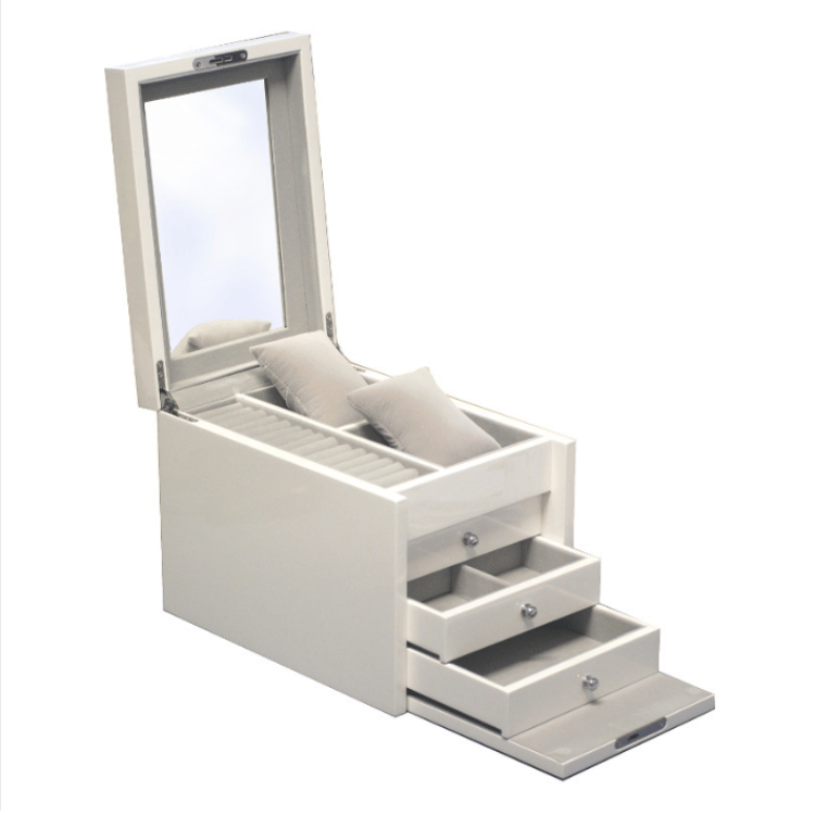 Elegant white gloss 3-drawer jewellery box with a piano finish,  displayed on a clean white background