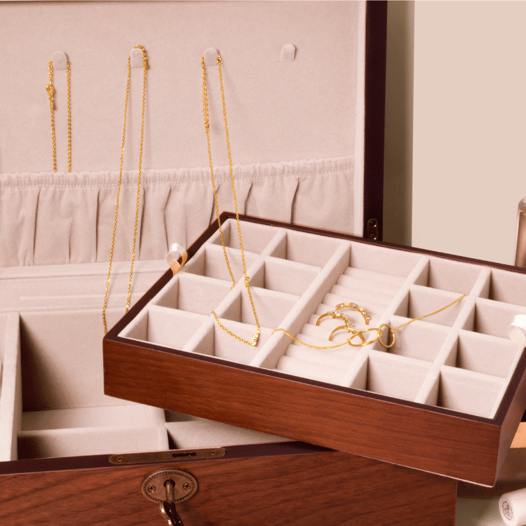 Close-up of walnut matt finish jewellery box with removable tray, highlighting storage compartments and soft velour interior.