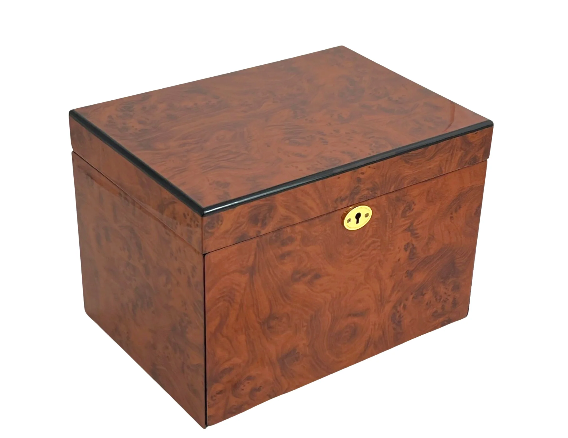Closed Maple burl wooden jewellery box on a white background