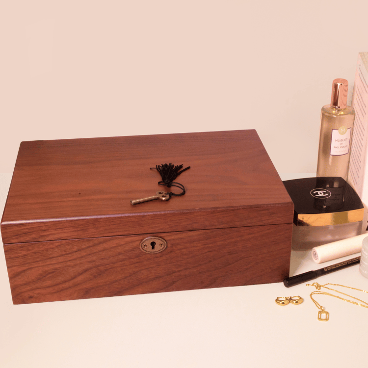 Closed walnut matt finish jewellery box with sleek design and smooth wood grain texture