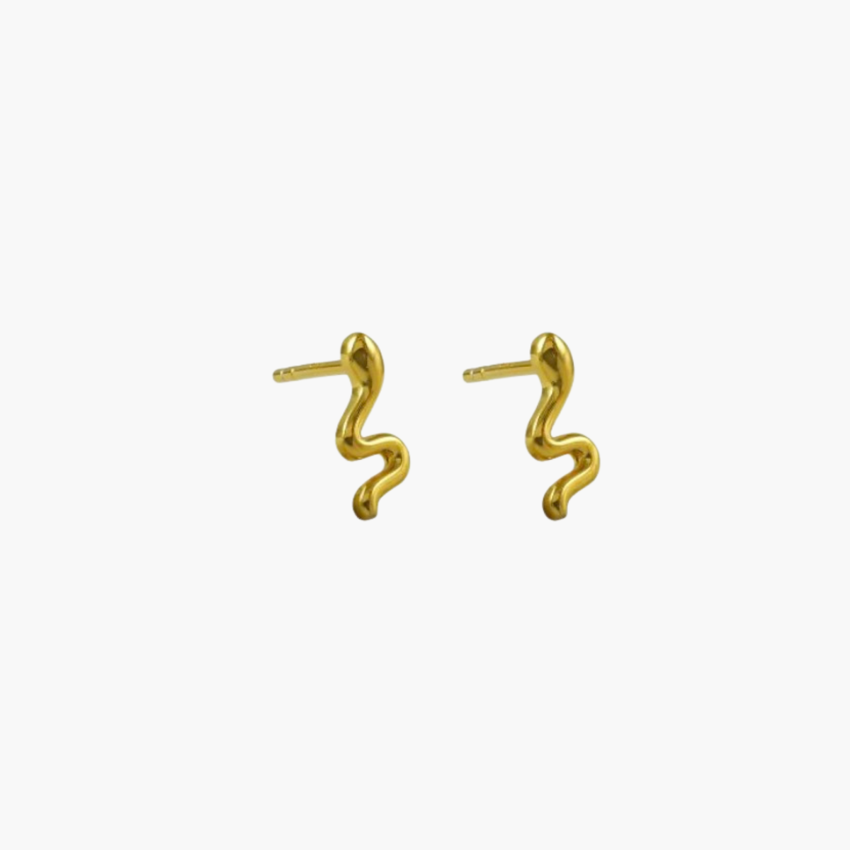 Gold snake stud earrings on a white background