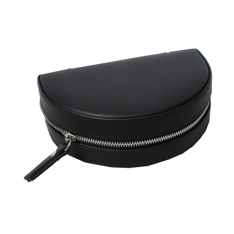 Sleek black half-circle zipped travel jewellery holder, compact and stylish, displayed on a white background.