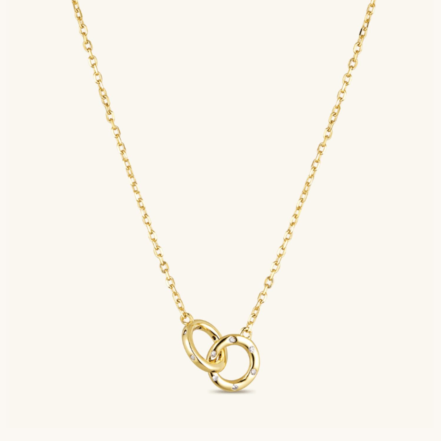 Halo Link Necklace in gold-plated sterling silver with two interlinked hoops with cubic zirconia.