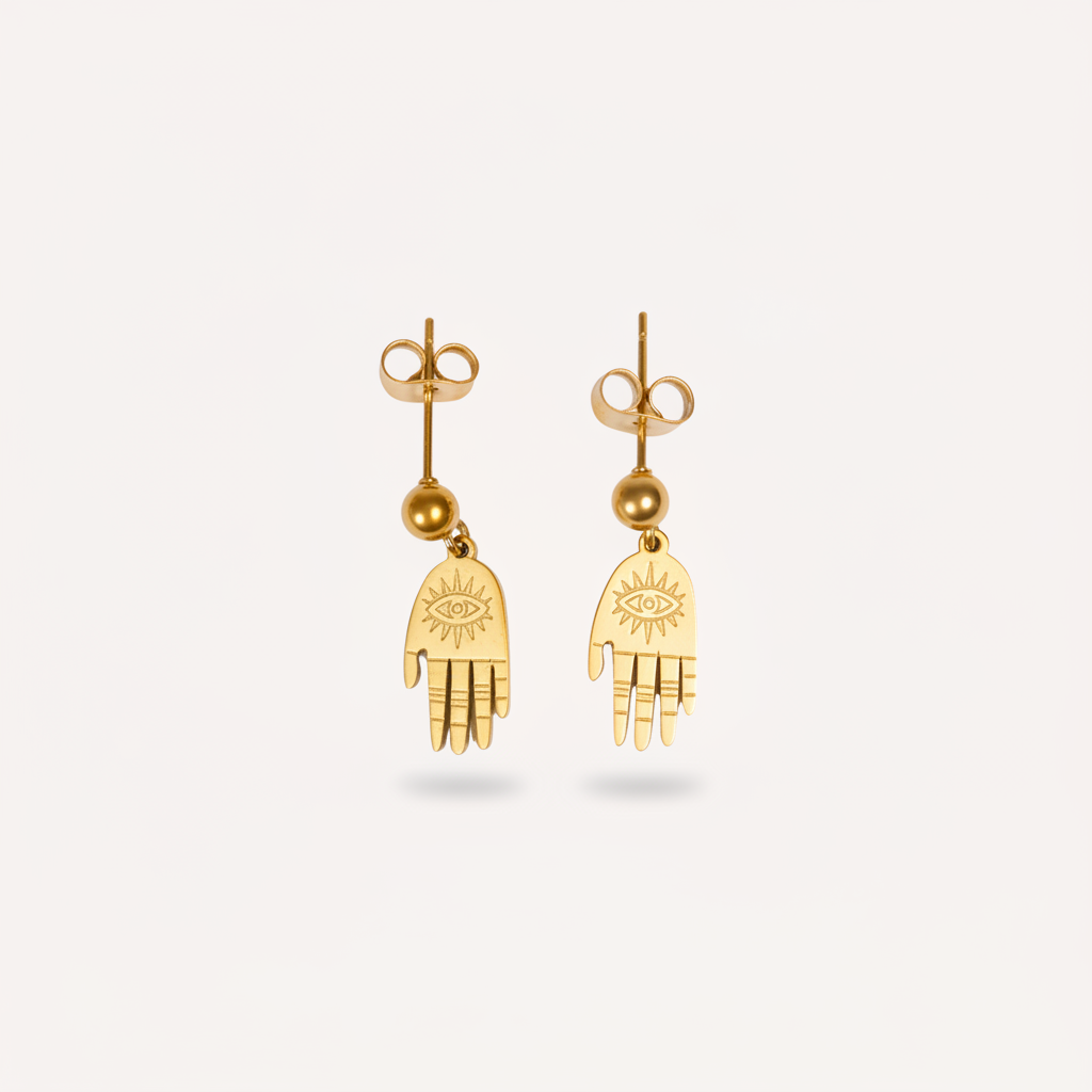 Gold hand-shaped earrings with eye design on a white background