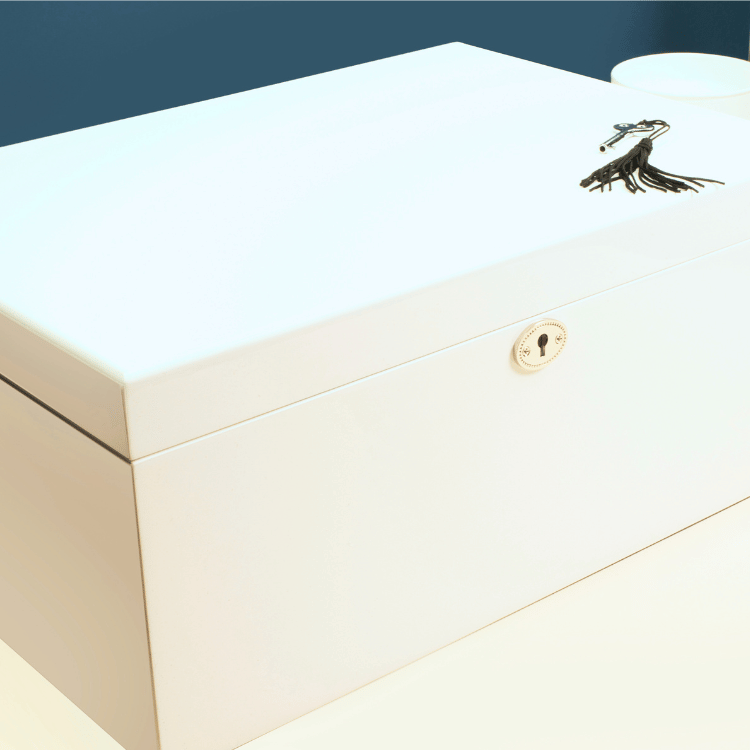 Lifestyle image of large white Kandi Jewellery Box closed, showcasing its sleek design and elegant finish