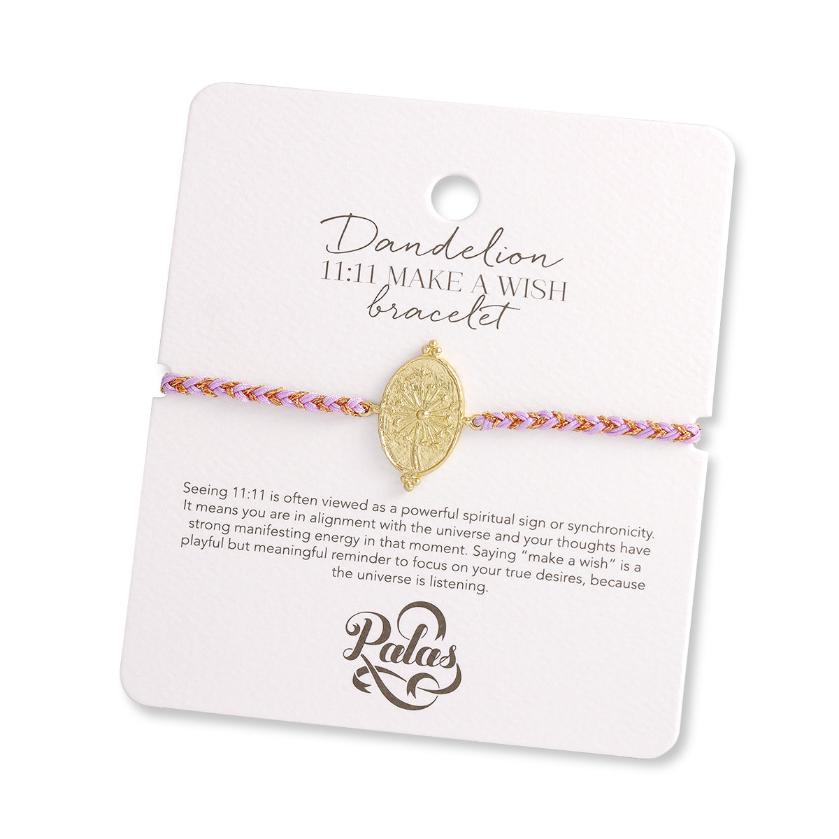 Bracelet with gold leaf charm on a white card with text and brand name.