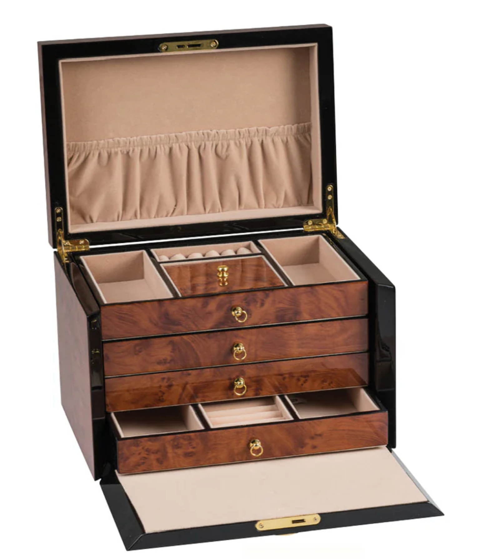 Maple Burl Wooden jewellery box showing multiple compartments and open draw on a white background