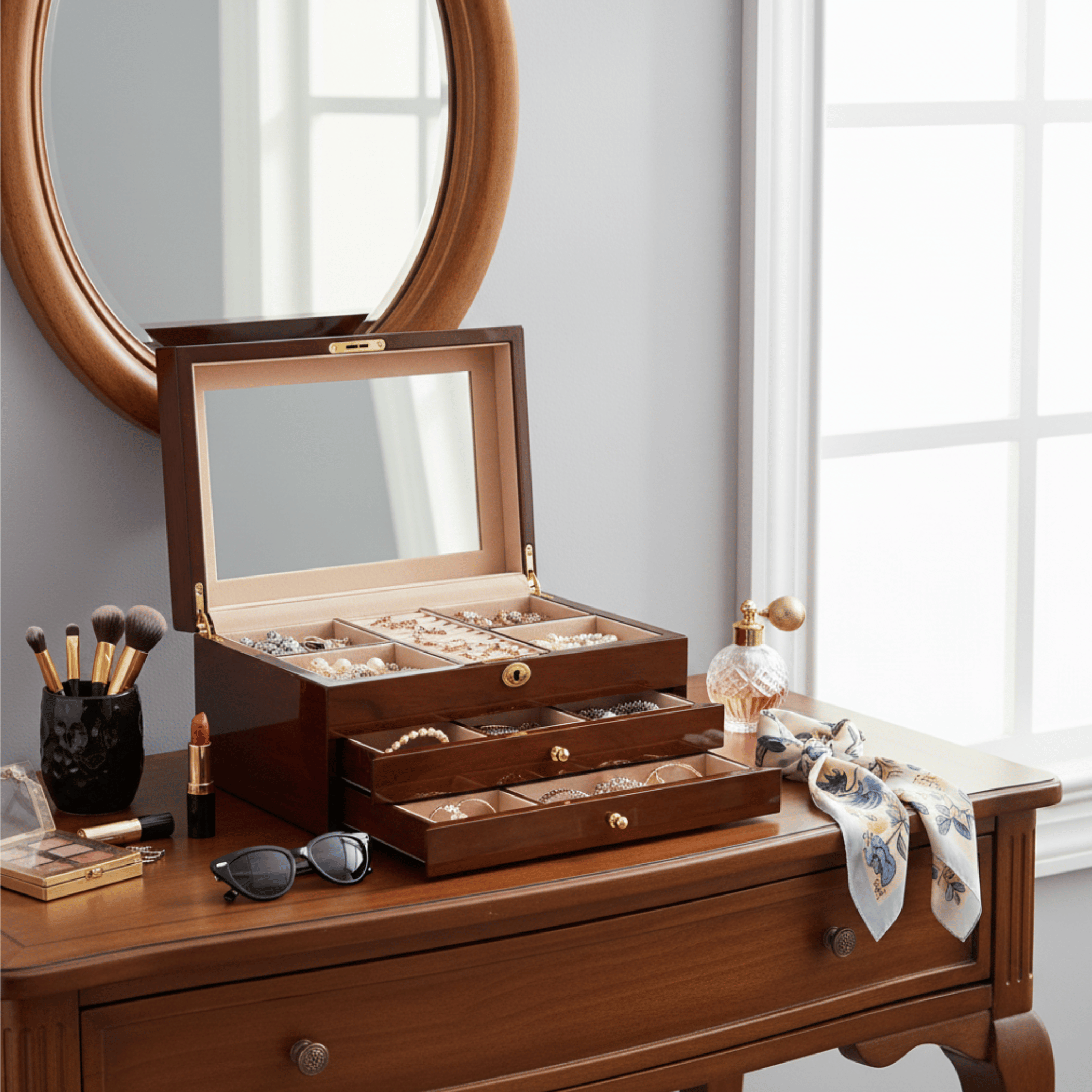 Wooden jewellery box on a dressing table with makeup items and a mirror.